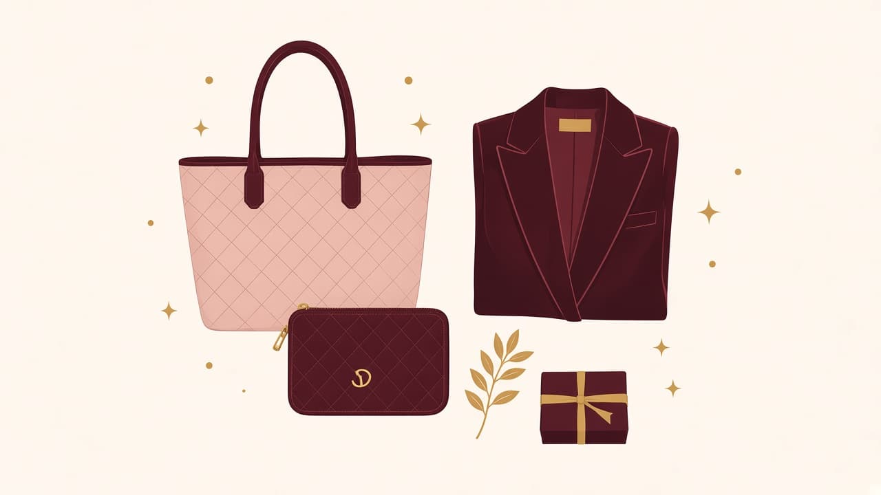 A quilted tote, a pouch, a folded velvet jacket and a small gift box laid out