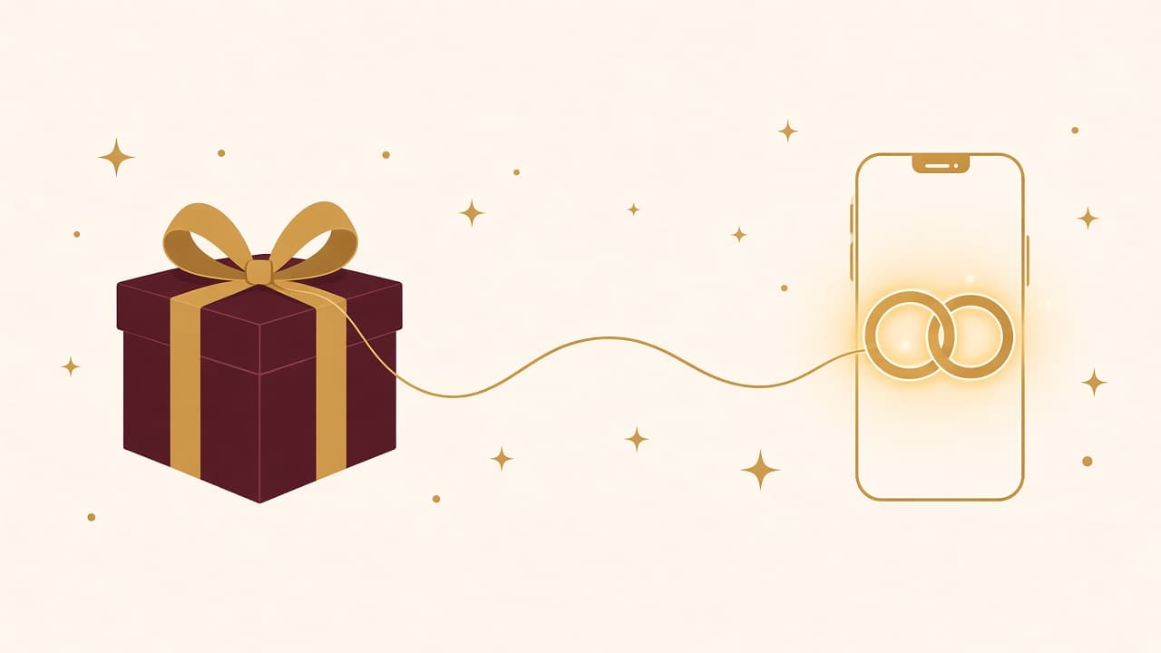 A gift box with a gold thread running from its bow into a glowing link on a phone
